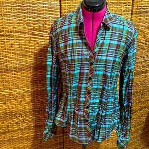 NWOT Beluva San Francisco Crinkle taffata bright blue green brown Blouse Size L